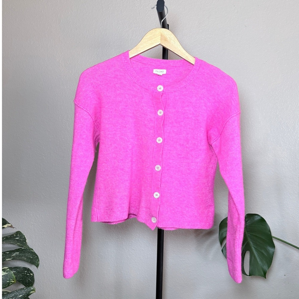 Pilcro Anthropologie Hot Pink Wool Blend Fuzzy Button Front Cardigan Sweater S